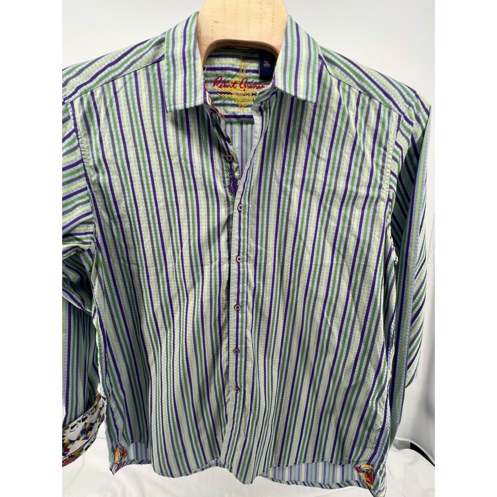 Robert Graham Men's 2XLT Green Purple Stripe Long Sleeve Button Down Shirt - Picture 5 of 13